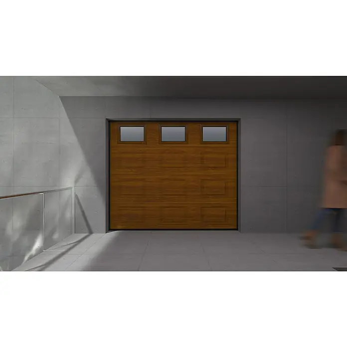 Solid Elements Puerta de garaje seccional PRO - 250 x 212,5 cm, Marrón, Cuarterón 3 ventanas horizontal - Puerta de garaje moderna de madera con ventanas cuadradas en la parte superior, integrada en una arquitectura de hormigón.