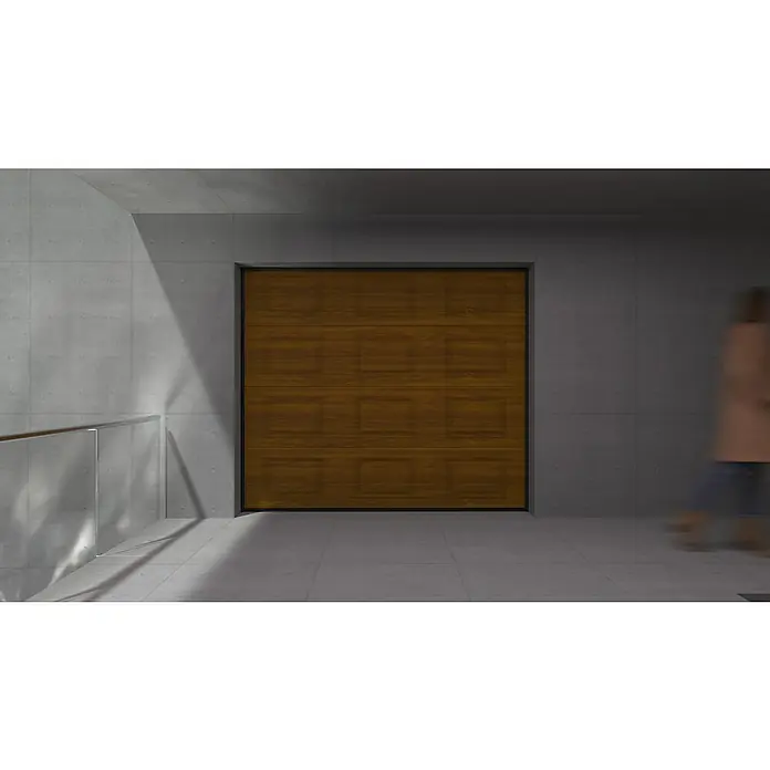 Solid Elements Puerta de garaje seccional PRO - 250 x 212,5 cm, Marrón, Cuarterón - Una puerta de garaje moderna de madera con diseños rectangulares, integrada en una fachada de concreto.