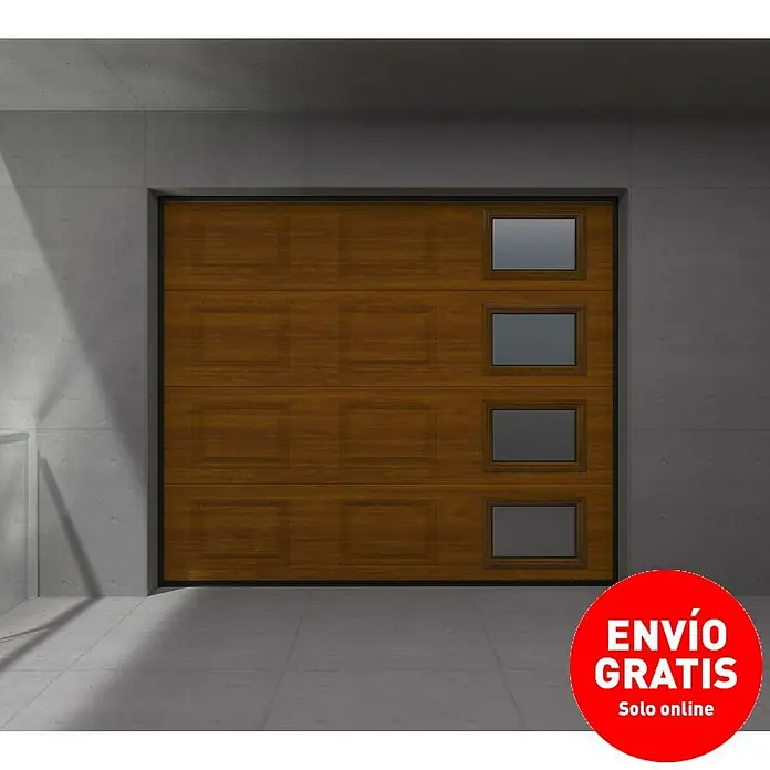 Solid Elements Puerta de garaje seccional PRO - 250 x 212,5 cm, Marrón, Cuarterón 4 ventanas vertical - Moderna puerta de garaje de madera con ventanas cuadradas. Ideal para casas y garajes contemporáneos, combinando estilo y funcionalidad.