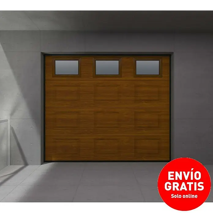 Solid Elements Puerta de garaje seccional PRO - 250 x 212,5 cm, Marrón, Cuarterón 3 ventanas horizontal - Moderna puerta de garaje de madera con ventanas en la parte superior, perfecta para cualquier hogar. La puerta ofrece seguridad y diseño elegante.