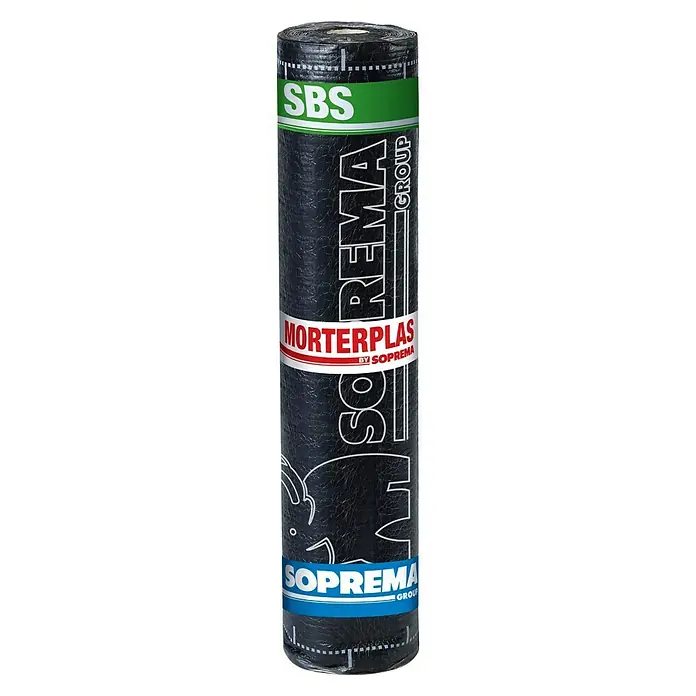 Soprema Lámina asfáltica Morterplas SBS FV - Otros, Rojo - Imagen de un rollo de lámina impermeabilizante SOPREMA Morterplas SBS para techos y sellado de edificios.