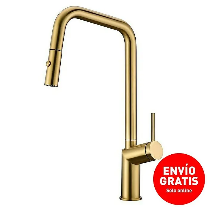 Imex Grifo de cocina extraíble Bonn - Oro - Grifo de cocina dorado con rociador extraíble. Diseño elegante para cocinas modernas.