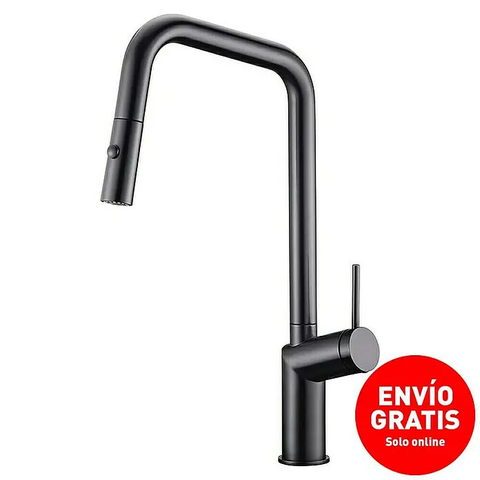 Imex Grifo de cocina extraíble Bonn - Black gun metal - Vista del producto de un elegante grifo de cocina negro con un caño alto y una práctica función extraíble.