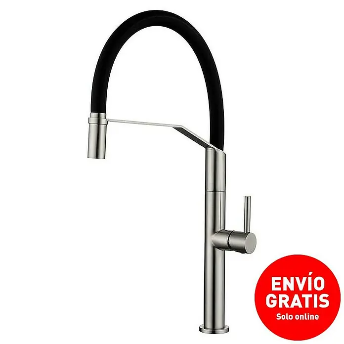 Imex Grifo de cocina flexible Deva - Negro/Cromo, Mate - Imagen de un grifo de cocina moderno con manguera negra y acabado de níquel cepillado.