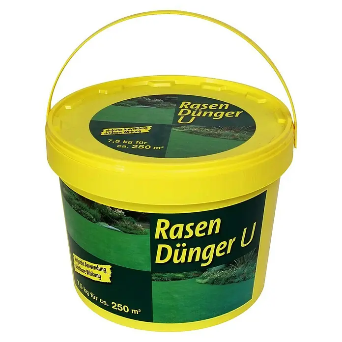 Rasendünger U - Max. Anwendungsfläche: 250 m² - Gelber Eimer Rasendünger U mit Bildern von saftig grünem Rasen und Aufschrift mit wichtigen Produktinformationen.