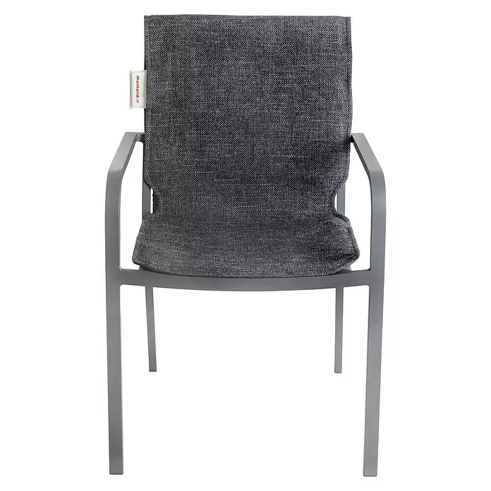 Montandor Heizdecke - 145 x 48 cm, Dunkelgrau - Grauer Outdoor-Stuhl mit Stoffsitz und Rückenlehne und Metallgestell.