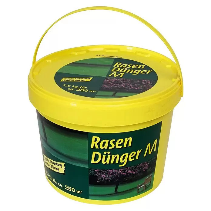 Rasendünger M - 7,5 kg, Max. Anwendungsfläche: 250 m² - Gelber Eimer Rasen Dünger M, 7,5 kg für ca. 250 m².