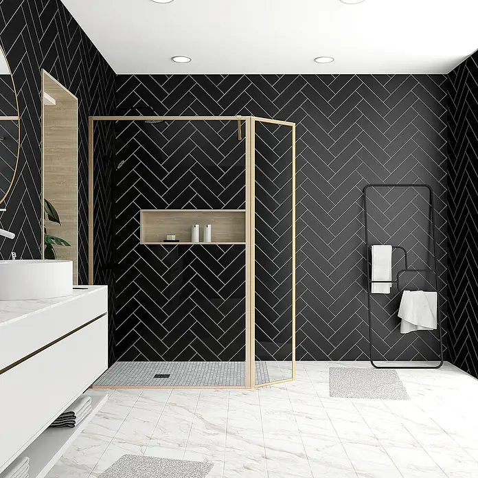 Aurlane Duschwand Golden Edge - B x H: 160 x 200 cm, Gebürstet, Gold - Modernes Badezimmer mit schwarzem Fischgrätmuster und Dusche.