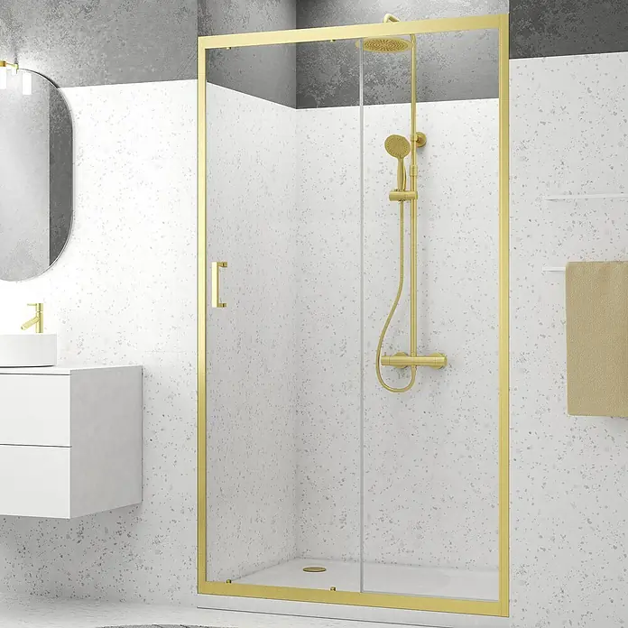 Aurlane Mampara de ducha frontal Factory - 120 x 200 cm, Espesor de vidrio: 6 mm, Oro - Elegante baño con una moderna cabina de ducha con marco dorado y accesorios que añaden un toque de lujo.