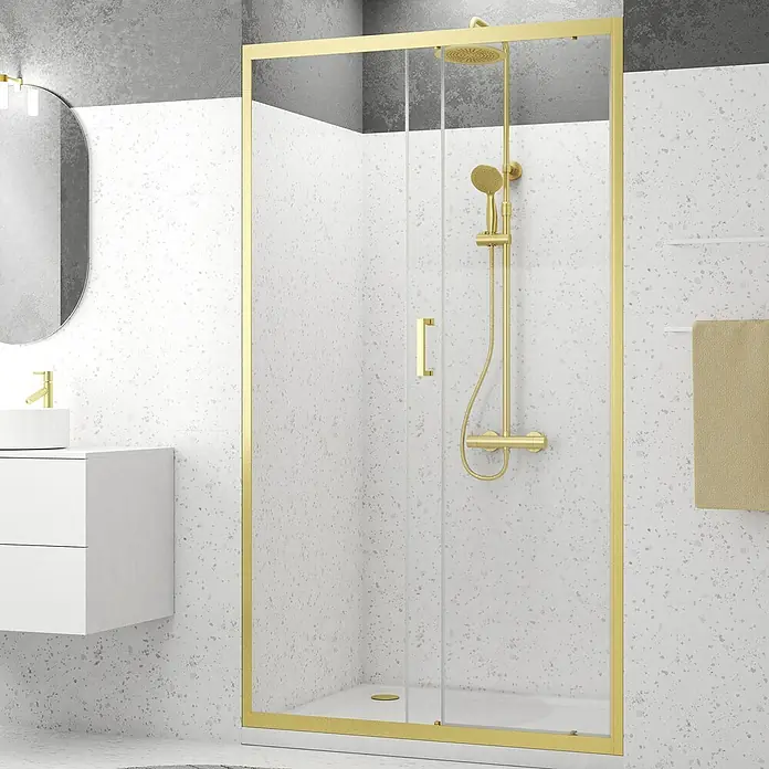 Aurlane Duschtür Factory - 120 x 200 cm, Glasstärke: 6 mm, Gold - Elegante Duschkabine mit goldenem Rahmen und Armaturen. Das Design verleiht dem Badezimmer einen Hauch von Luxus und Stil.