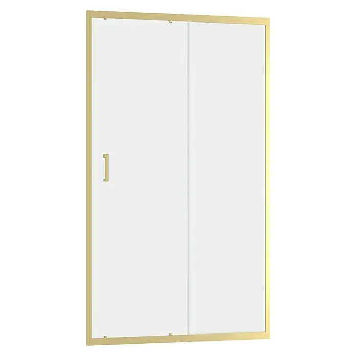 Aurlane Duschtür Factory - 120 x 200 cm, Glasstärke: 6 mm, Gold - Bild einer Duschkabine mit goldenem Rahmen und Griff, bestehend aus zwei Glasschiebetüren für ein modernes Badezimmerdesign.