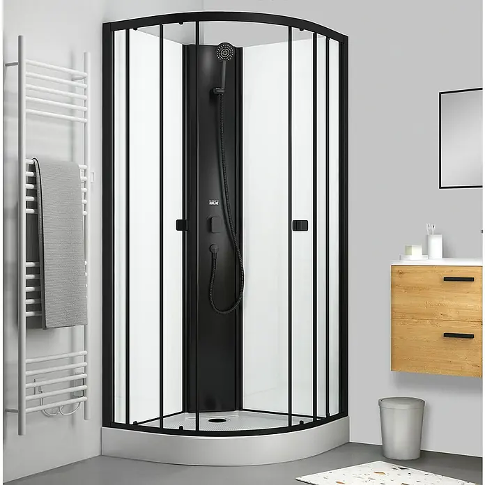 Aurlane Cabina de ducha completa Essentiel Round - 85 x 85 x 199,5 cm, Blanco/Negro - Elegante cabina de ducha de cuadrante con marco negro y sistema de ducha. Accesorio de baño moderno para un ambiente elegante.