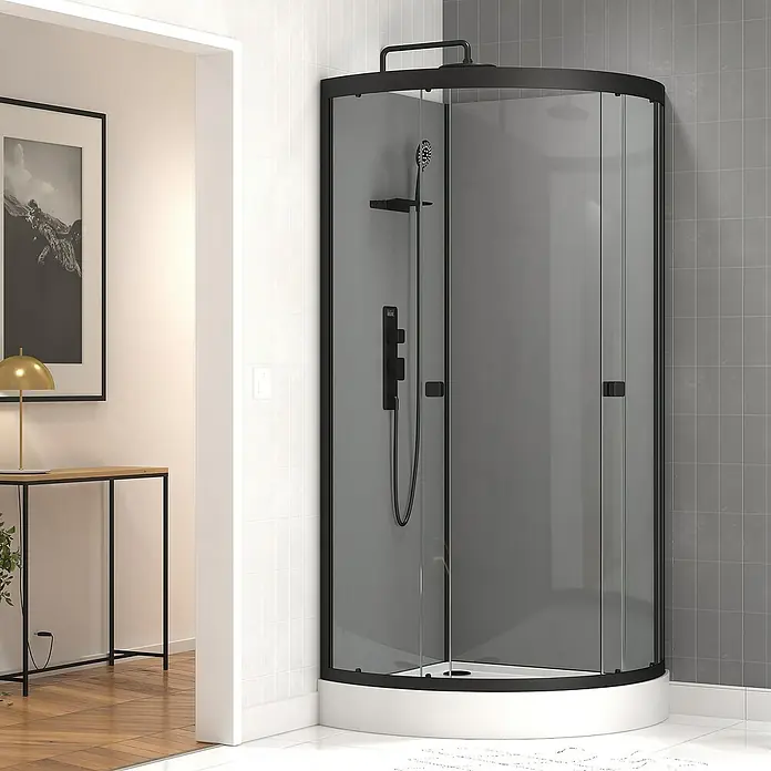 Aurlane Cabina de ducha completa Touch Round - 90 x 90 x 215 cm, Negro - Cabina de ducha negra con paredes de vidrio tintado y diseño redondeado, mostrando un elegante accesorio de baño.