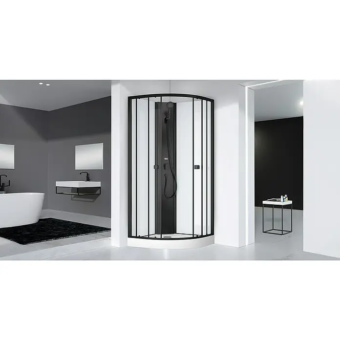 Aurlane Cabina de ducha completa Essentiel Round - 85 x 85 x 199,5 cm, Blanco/Negro - Elegante vista del baño con una moderna cabina de ducha negra como elemento central y una decoración elegante.
