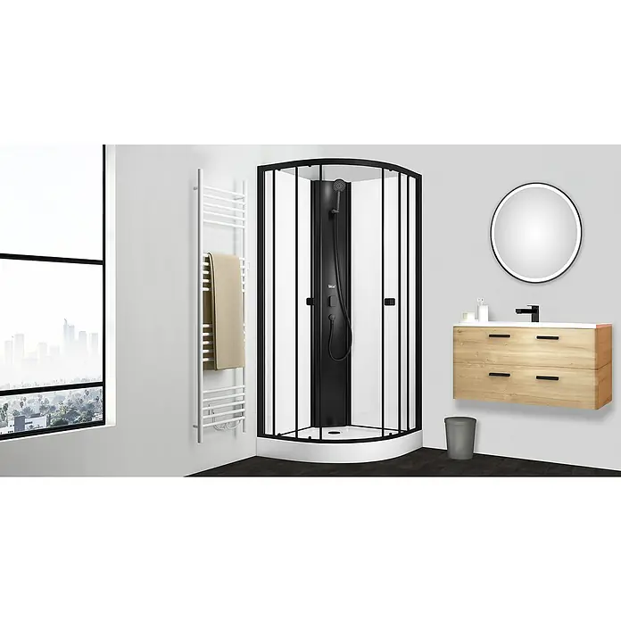 Aurlane Cabina de ducha completa Essentiel Round - 85 x 85 x 199,5 cm, Blanco/Negro - La imagen muestra un baño moderno, destacando una elegante cabina de ducha negra como pieza central. Un elegante tocador complementa el diseño.
