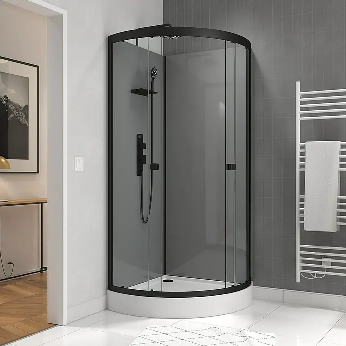 Aurlane Komplettdusche Grey Touch Round - 90 x 90 x 215 cm, Grau/Schwarz/Weiß - Elegante, runde Duschkabine mit schwarzem Rahmen und Glaswänden. Eine moderne Ergänzung für jedes Badezimmer mit Handtuchwärmer.