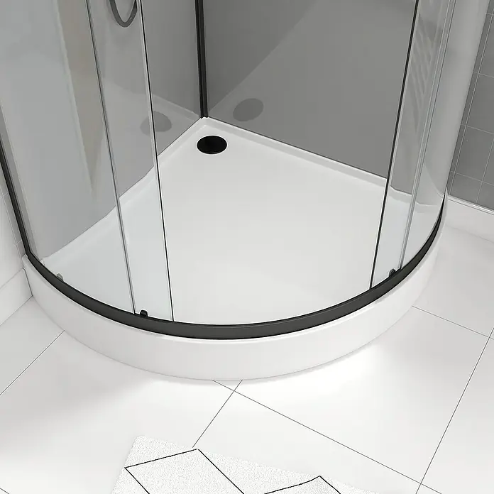 Aurlane Komplettdusche Grey Touch Round - 90 x 90 x 215 cm, Grau/Schwarz/Weiß - Eine moderne, runde Duschkabine mit schwarzem Rahmen und weißer Duschwanne vor weißen Fliesen.