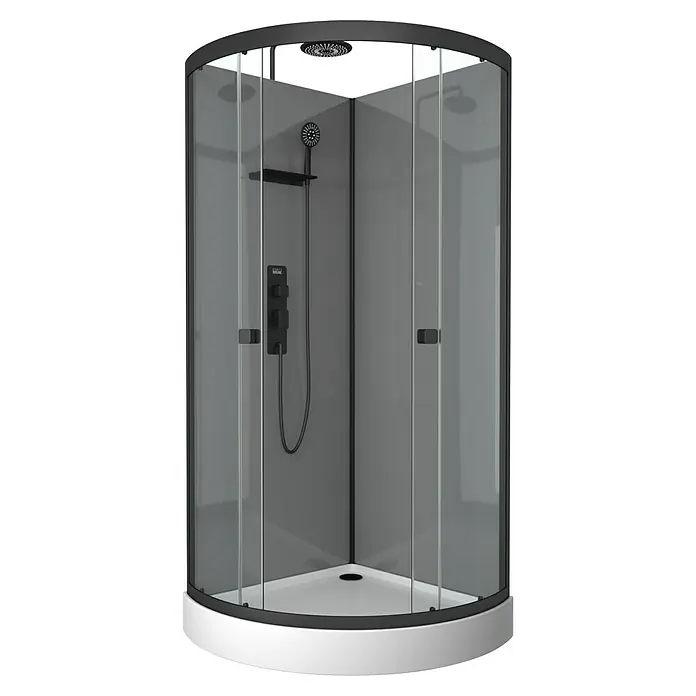 Aurlane Cabina de ducha completa Touch Round - 90 x 90 x 215 cm, Negro - Elegante cabina de ducha redondeada con herrajes en negro mate y ducha de lluvia. Un diseño que fusiona funcionalidad y estilo moderno.