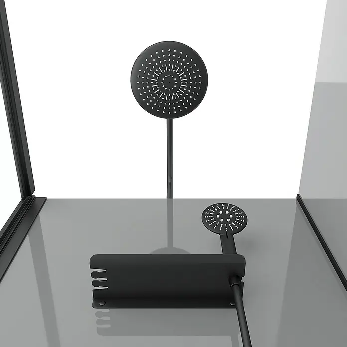Aurlane Komplettdusche Grey Touch Rectangle - 80 x 110 x 215 cm, Grau/Schwarz/Weiß - Das Bild zeigt eine moderne, schwarze Duschgarnitur mit Kopf- und Handbrause in einem minimalistischen Design.