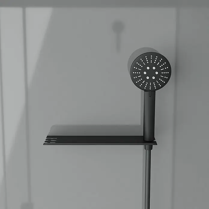 Aurlane Komplettdusche Grey Touch Rectangle - 80 x 110 x 215 cm, Grau/Schwarz/Weiß - Nahaufnahme einer modernen schwarzen Duscharmatur mit rundem Duschkopf und Ablage im minimalistischen Design.
