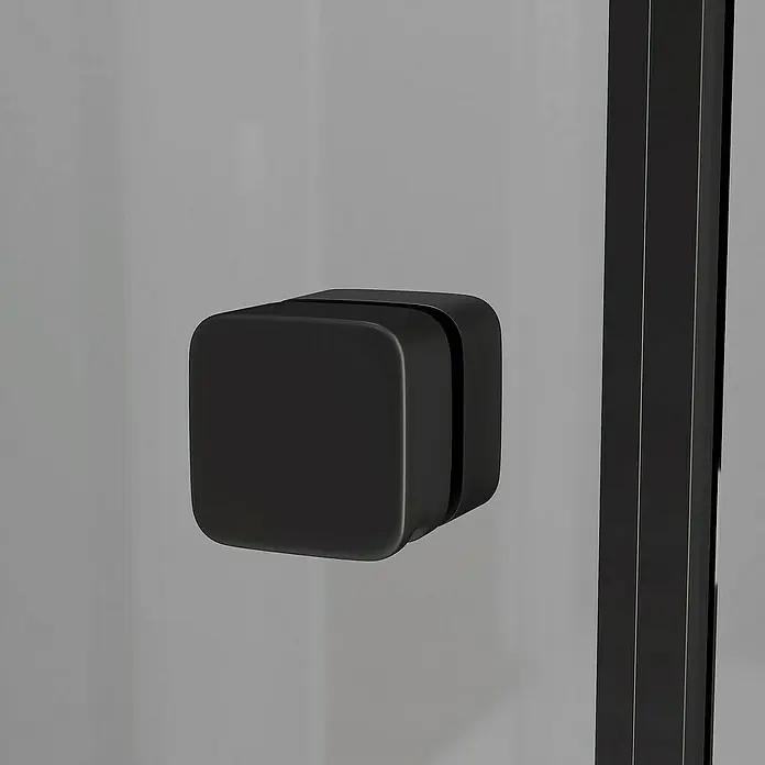 Aurlane Komplettdusche Grey Touch Rectangle - 80 x 110 x 215 cm, Grau/Schwarz/Weiß - Nahaufnahme eines modernen, würfelförmigen Türgriffs in Schwarz, der an einer grauen Duschkabine befestigt ist.