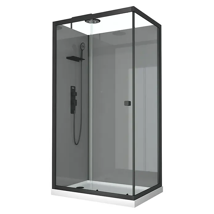 Aurlane Komplettdusche Grey Touch Rectangle - 80 x 110 x 215 cm, Grau/Schwarz/Weiß - Bild einer modernen Duschkabine mit dunklem Rahmen, Regendusche und Handbrause für ein luxuriöses Duscherlebnis.