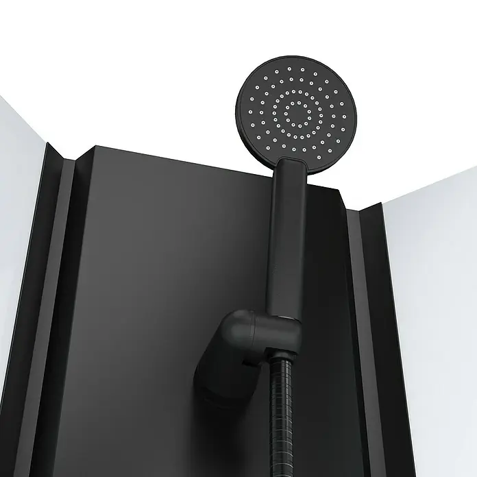 Aurlane Komplettdusche Essential Round - 85 x 85 x 199,5 cm, Weiß/Schwarz - Nahaufnahme einer schwarzen Duschgarnitur, die ein modernes Baddesign zeigt. Die Dusche besticht durch ihr elegantes, minimalistisches Aussehen.