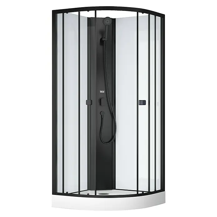 Aurlane Komplettdusche Essential Round - 85 x 85 x 199,5 cm, Weiß/Schwarz - Abgebildete Duschkabine mit schwarzem Rahmen und Armaturen. Elegantes Design mit klaren Linien für modernes Badezimmer.