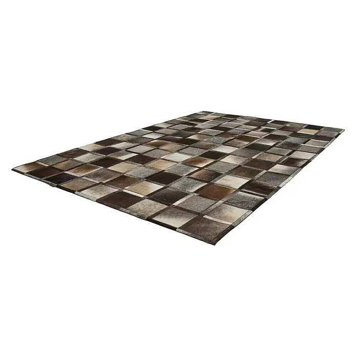 Kayoom Lederteppich Eclipse 410 - Grau/Braun, 230 x 160 cm, 100 % Leder - Ein rechteckiger Teppich mit einem Schachbrettmuster in verschiedenen Braun- und Grautönen, der jedem Raum einen Hauch von Eleganz verleiht.