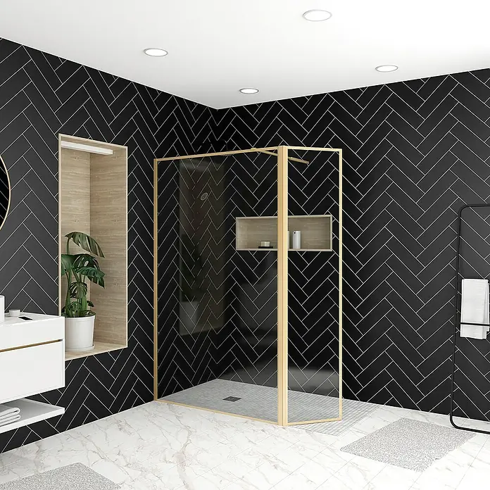 Aurlane Duschwand Golden Edge - B x H: 160 x 200 cm, Gebürstet, Gold - Modernes Badezimmer mit schwarzer Fischgrätfliese, marmoriertem Boden und einer goldenen Duschkabine. Stilvolles Design für höchsten Komfort.