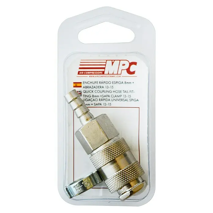 MPC Boquilla de conexión con abrazadera SAPA - 13 - 15 mm, Diámetro boquilla: 8 mm - Racor rápido para manguera de MPC Air Compressors. Ideal para la conexión rápida de mangueras de aire comprimido.