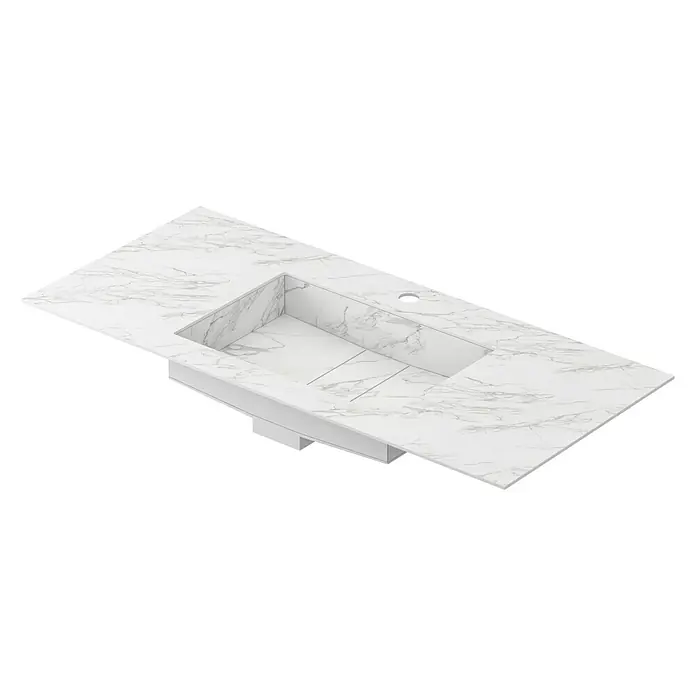 Lavabo Stein - 101 x 46 cm, Orificios para grifo: Medio, Sin desbordamiento, Blanco - Una encimera de lavabo de aspecto mármol con lavabo integrado y orificio para grifo, ideal para un diseño de baño elegante.