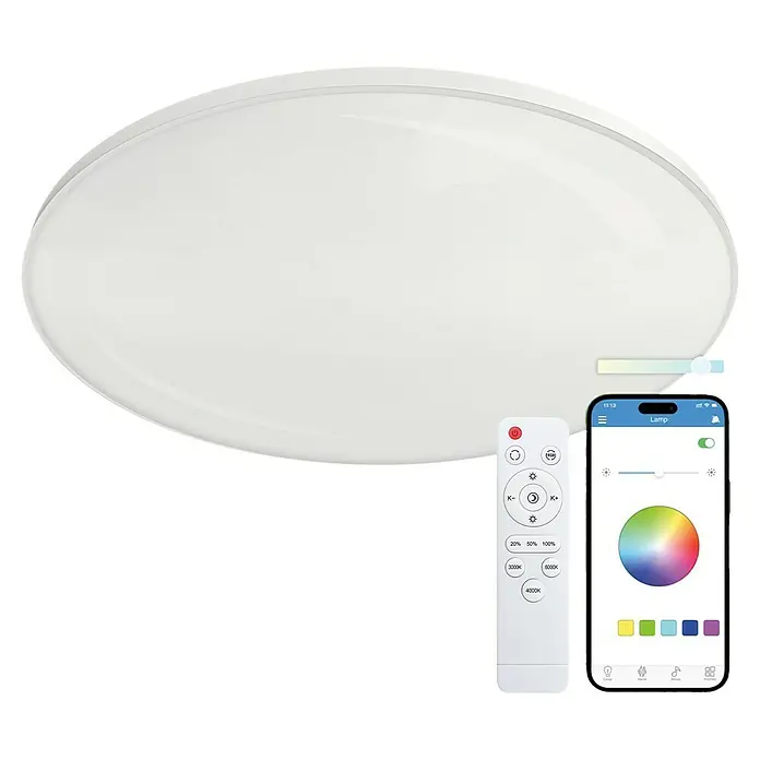 Ksix Plafón LED redondo inteligente Halo - 60,9 W, Ø x Al: 47 x 6 cm, Blanco, RGB - Una lámpara de techo LED redonda inteligente con control remoto y aplicación para smartphone para ajustar el brillo y el color.
