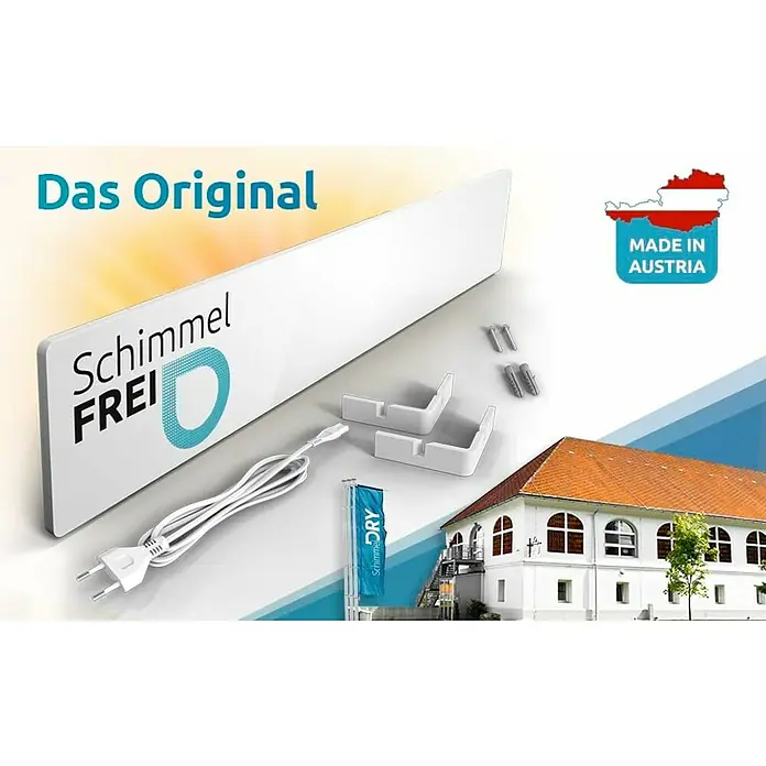 Technaxx Schimmelschutz Schimmel-DRY Basismodul M1 - Weiß, L x H: 52 x 9,5 cm - Produktbild eines "Schimmel Frei" Geräts mit Zubehör, das in Österreich hergestellt wurde, zur Schimmelbekämpfung.