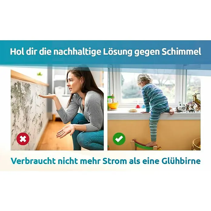 Technaxx Schimmelschutz Schimmel-DRY Basismodul M1 - Weiß, L x H: 52 x 9,5 cm - Illustration für ein Produkt gegen Schimmel, das wenig Strom verbraucht. Es zeigt ein Zimmer mit und ohne Schimmelbefall.