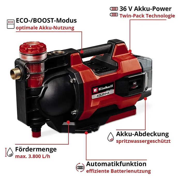 Einhell Power X-Change 18V Akku-Gartenpumpe Aquinna 36/38 F LED Automatic - 18 V, Li-Ionen, Ohne Akku, Max. Fördermenge: 3.800 l/h - Die Einhell AQUINNA Akku-Gartenpumpe mit ECO-/BOOST-Modus für optimale Akku-Nutzung und Twin-Pack Technologie für doppelte Leistung.