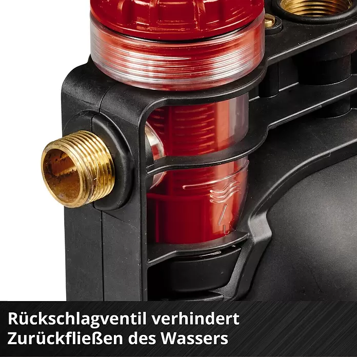 Einhell Power X-Change 18V Akku-Gartenpumpe Aquinna 36/38 F LED - 18 V, Li-Ionen, Ohne Akku, Max. Fördermenge: 3.800 l/h - Rotes transparentes Rückschlagventil mit Messinganschlüssen in schwarzem Gehäuse, verhindert Wasser-Rückfluss.