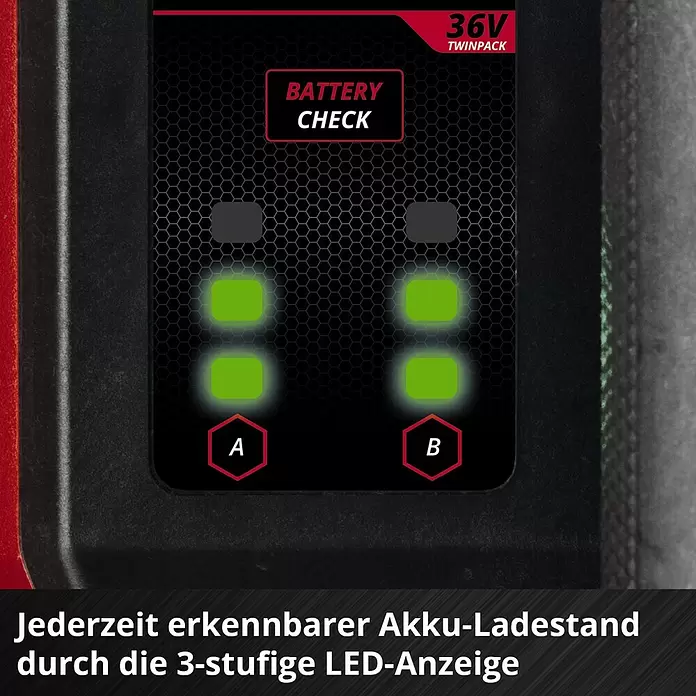 Einhell Power X-Change 18V Akku-Gartenpumpe Aquinna 36/38 F LED - 18 V, Li-Ionen, Ohne Akku, Max. Fördermenge: 3.800 l/h - Schwarze 36V Twinpack Akku-Ladeanzeige mit zwei teilweise geladenen 3-stufigen grünen LED-Anzeigen (A und B).