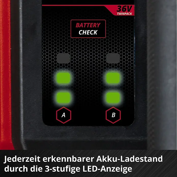 Einhell Power X-Change 18V Akku-Gartenpumpe Aquinna 36/38 F LED Automatic - 18 V, Li-Ionen, Ohne Akku, Max. Fördermenge: 3.800 l/h - Nahaufnahme einer 36V Twinpack Akku-Ladestandsanzeige mit dreistufiger LED-Anzeige für Akku A und B.
