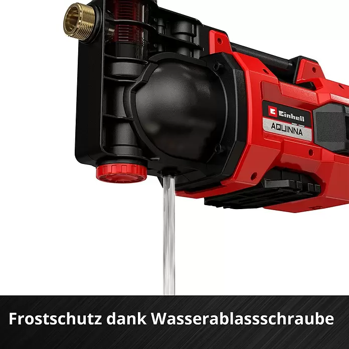 Einhell Power X-Change 18V Akku-Gartenpumpe Aquinna 36/38 F LED - 18 V, Li-Ionen, Ohne Akku, Max. Fördermenge: 3.800 l/h - Rote und schwarze Einhell AQUINNA Wasserpumpe, Wasser fließt aus der Frostschutz-Ablassschraube.