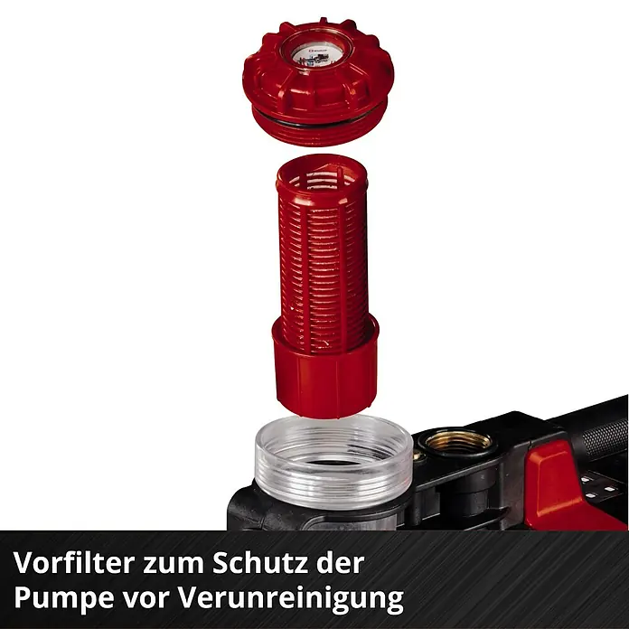 Einhell Power X-Change 18V Akku-Gartenpumpe Aquinna 36/38 F LED Automatic - 18 V, Li-Ionen, Ohne Akku, Max. Fördermenge: 3.800 l/h - Vorfilter zum Schutz der Pumpe vor Verunreinigungen. Der Filter ist rot und wird in eine transparente Vorrichtung eingesetzt.