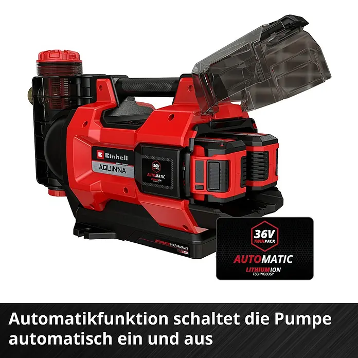 Einhell Power X-Change 18V Akku-Gartenpumpe Aquinna 36/38 F LED Automatic - 18 V, Li-Ionen, Ohne Akku, Max. Fördermenge: 3.800 l/h - Abbildung einer roten Einhell Aquinna 36V Gartenpumpe mit einer durchsichtigen Abdeckung über dem Batteriefach.