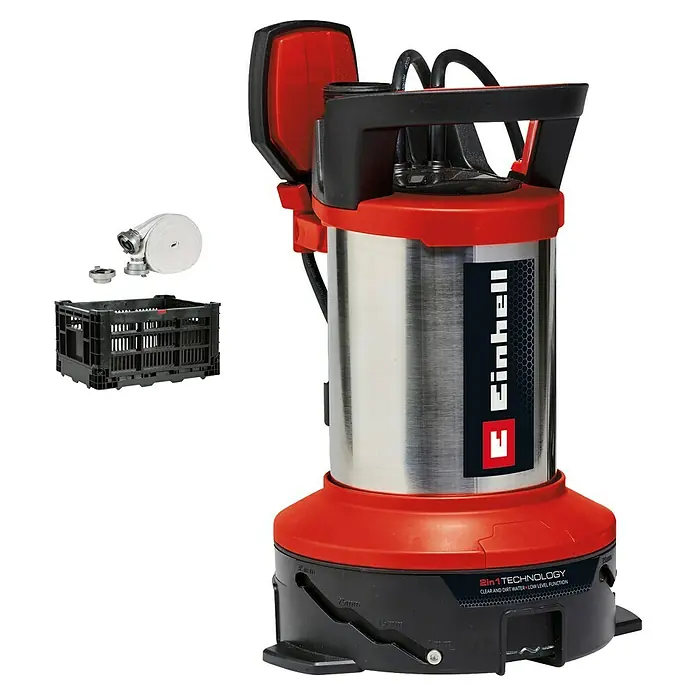 Einhell Schmutzwasserpumpe Flutset GE-DP 7535 - Max. Fördermenge: 18.500 l/h, Eintauchtiefe: 7 m - Das Bild zeigt eine Einhell Tauchpumpe in Rot und Silber mit Zubehör, ideal für klares und schmutziges Wasser dank 2-in-1 Technologie.