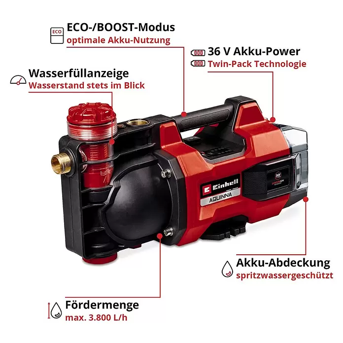 Einhell Power X-Change 18V Akku-Gartenpumpe Aquinna 36/38 F LED - 18 V, Li-Ionen, Ohne Akku, Max. Fördermenge: 3.800 l/h - Rot-schwarze 36V Akku-Wasserpumpe mit Wasserfüllanzeige und spritzwassergeschützter Akku-Abdeckung.