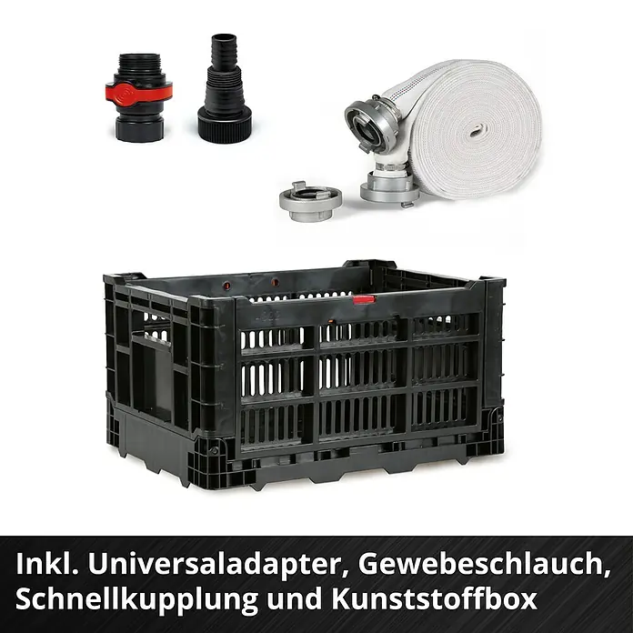 Einhell Schmutzwasserpumpe Flutset GE-DP 7535 - Max. Fördermenge: 18.500 l/h, Eintauchtiefe: 7 m - Feuerwehrschlauch-Set mit Universaladapter, Gewebeschlauch, Schnellkupplung und Kunststoffbox für den Einsatz.