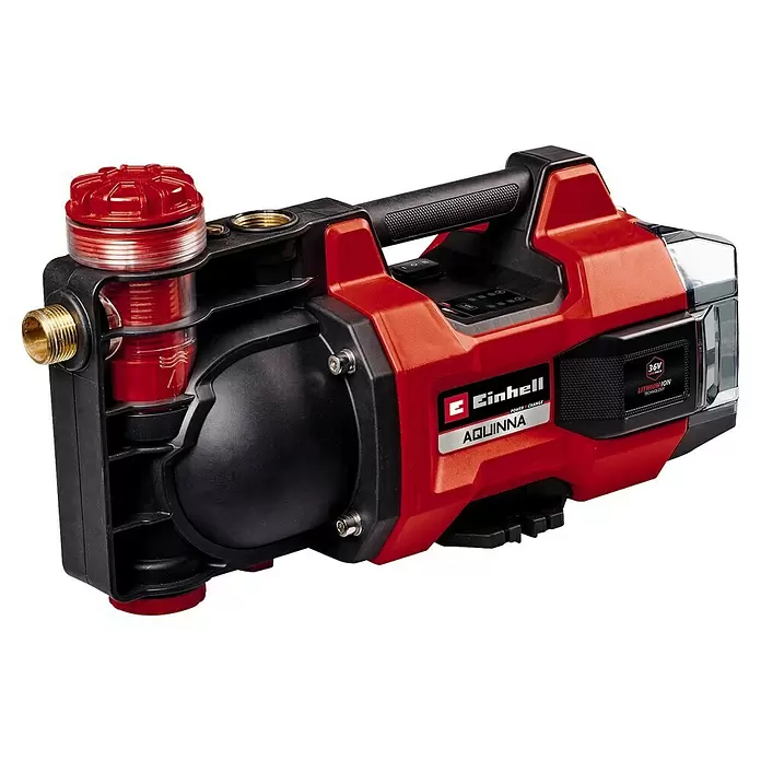 Einhell Power X-Change 18V Akku-Gartenpumpe Aquinna 36/38 F LED - 18 V, Li-Ionen, Ohne Akku, Max. Fördermenge: 3.800 l/h - Rote und schwarze akkubetriebene Einhell AQUINNA Wasserpumpe mit Tragegriff, sichtbarem Vorfilter und 36V Lithium-Ionen-Akkufach.