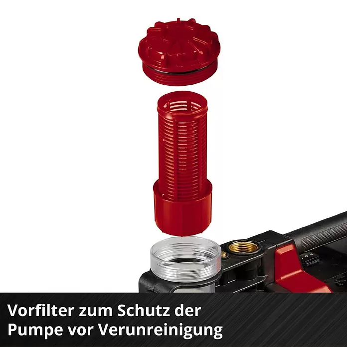 Einhell Power X-Change 18V Akku-Gartenpumpe Aquinna 36/38 F LED - 18 V, Li-Ionen, Ohne Akku, Max. Fördermenge: 3.800 l/h - Zerlegter roter Pumpenvorfilter mit transparentem Gehäuse, rotem Deckel und rotem Siebeinsatz zum Schutz vor Verunreinigungen.