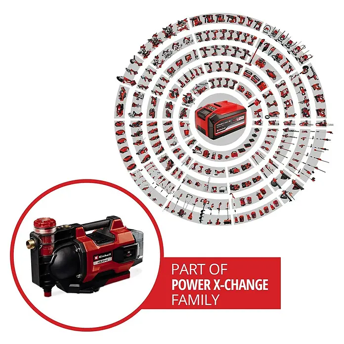 Einhell Power X-Change 18V Akku-Gartenpumpe Aquinna 36/38 F LED Automatic - 18 V, Li-Ionen, Ohne Akku, Max. Fördermenge: 3.800 l/h - Abbildung einer Einhell Aquinna Hauswasserpumpe, Teil der Power X-Change Familie, ideal für Gartenbewässerung und Hauswasserversorgung.