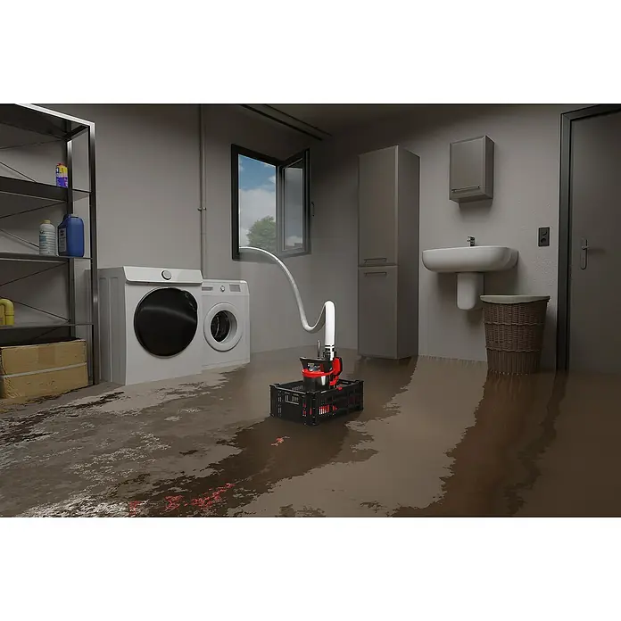 Einhell Schmutzwasserpumpe Flutset GE-DP 7535 - Max. Fördermenge: 18.500 l/h, Eintauchtiefe: 7 m - Überschwemmter Waschkeller mit Tauchpumpe, die Wasser durch ein Fenster leitet, um das Problem zu beheben.