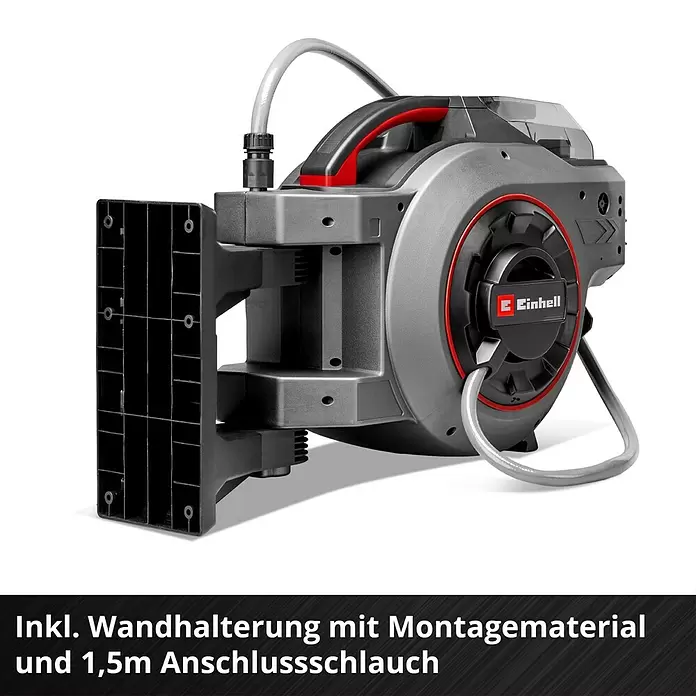 Einhell Power X-Change 18V Akku-Schlauchtrommel GE-HR 18/30 WH Li-Solo - 18 V, Ohne Akku - Einhell Schlauchaufroller in Grau und Schwarz mit roten Akzenten, inklusive Wandhalterung und 1,5m Anschlussschlauch.